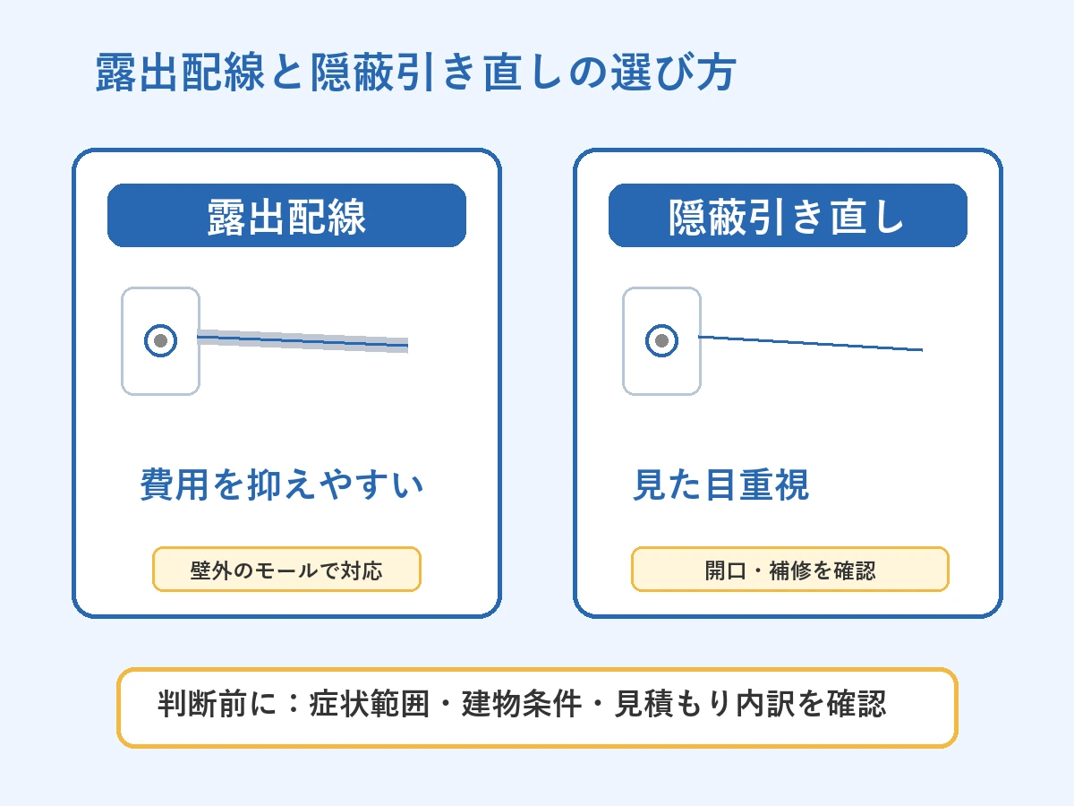 露出配線と隠蔽引き直しの選び方を示す比較図