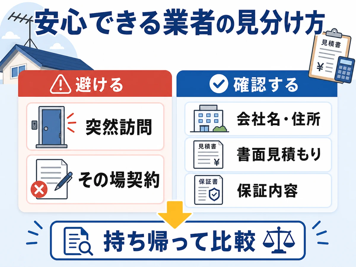安心できるアンテナ業者の見分け方を示す比較図