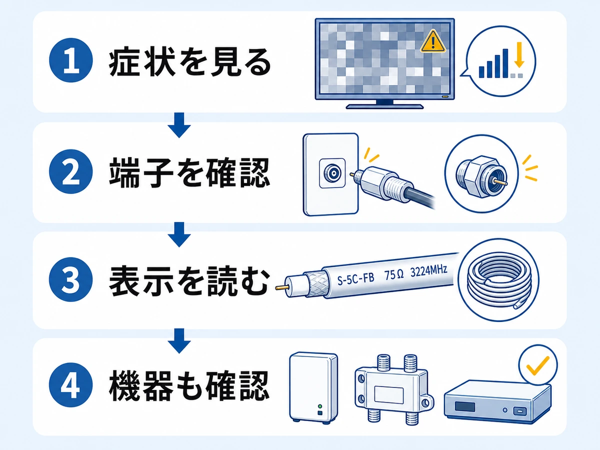 S-5C-FB交換前に症状、端子、表示、周辺機器を確認する流れ