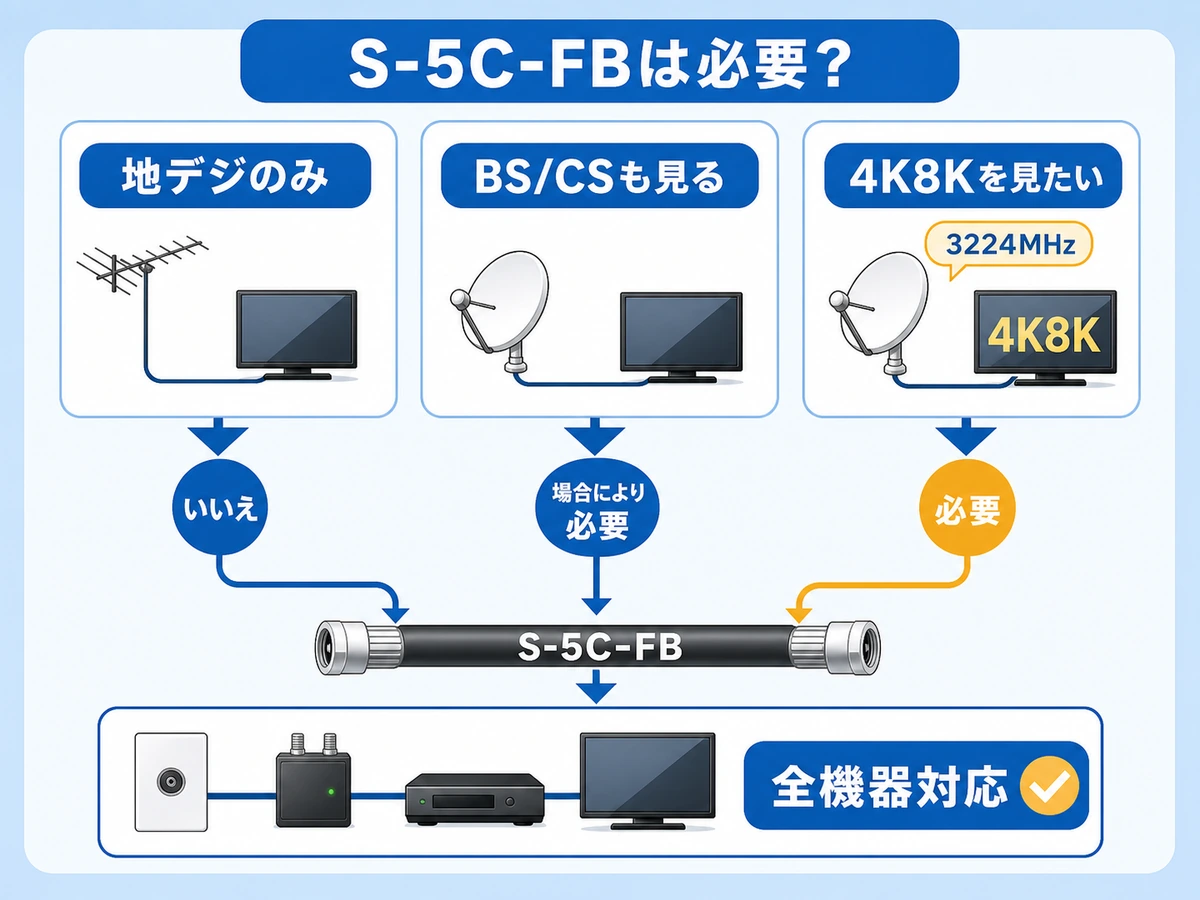 地デジ、BS/CS、4K8KでS-5C-FBと周辺機器対応を判断する図