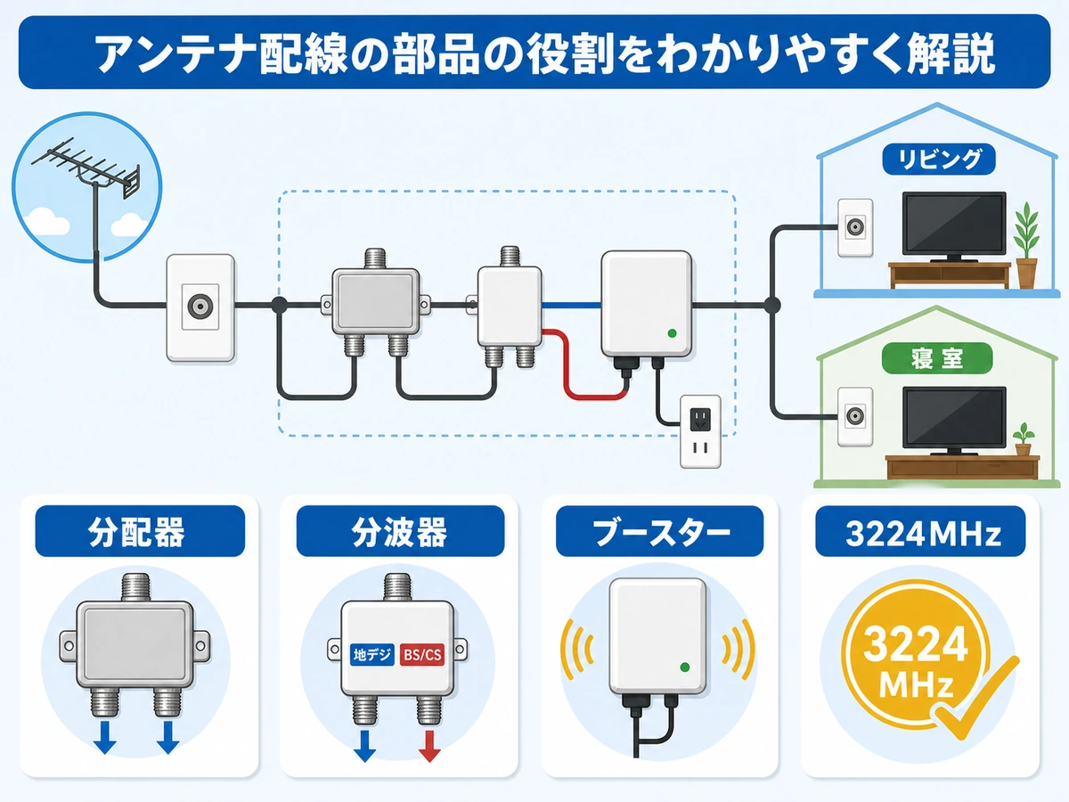 分配器、分波器、ブースター、3224MHz対応を配線図で示す画像