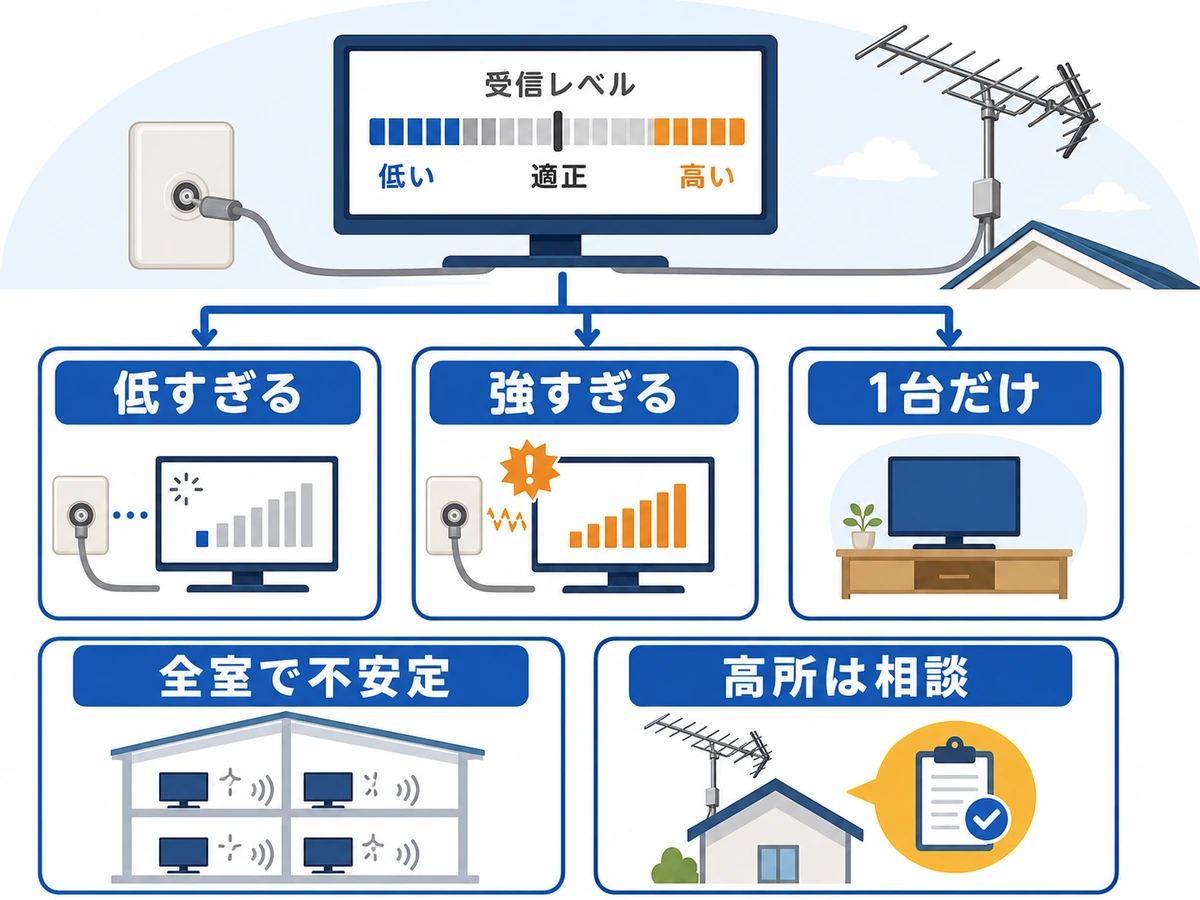 受信レベルが低い・強すぎる時の判断を示す図