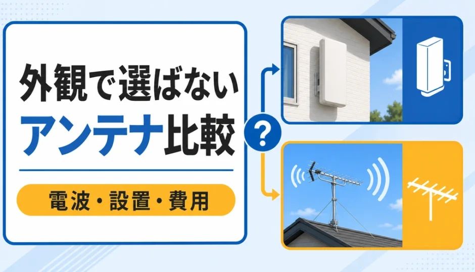 デザインアンテナと八木式アンテナを電波・設置・費用で比較する図