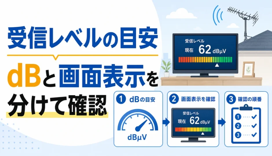 テレビの受信レベル目安をdBと画面表示に分けて確認するサムネイル
