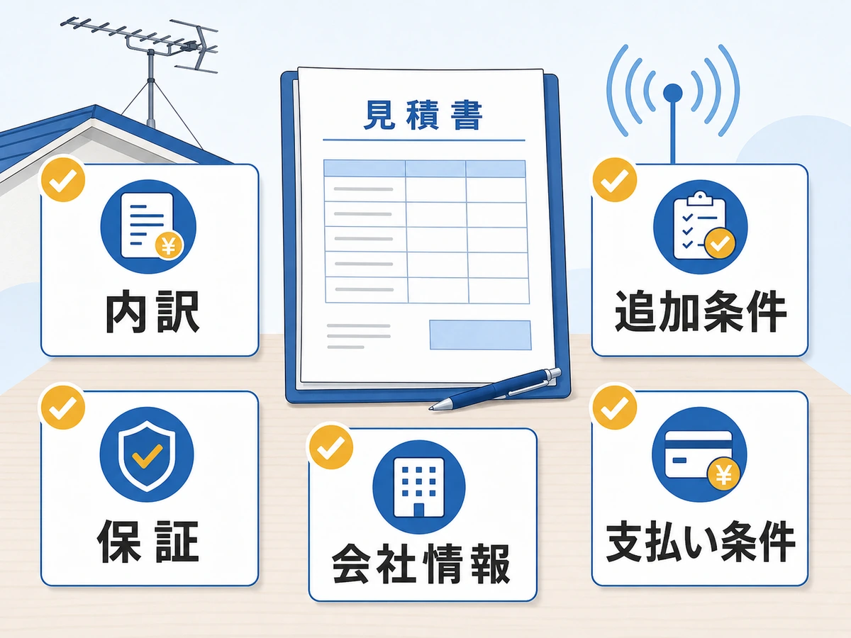 アンテナ工事の見積書で内訳や追加条件などを確認するチェック項目