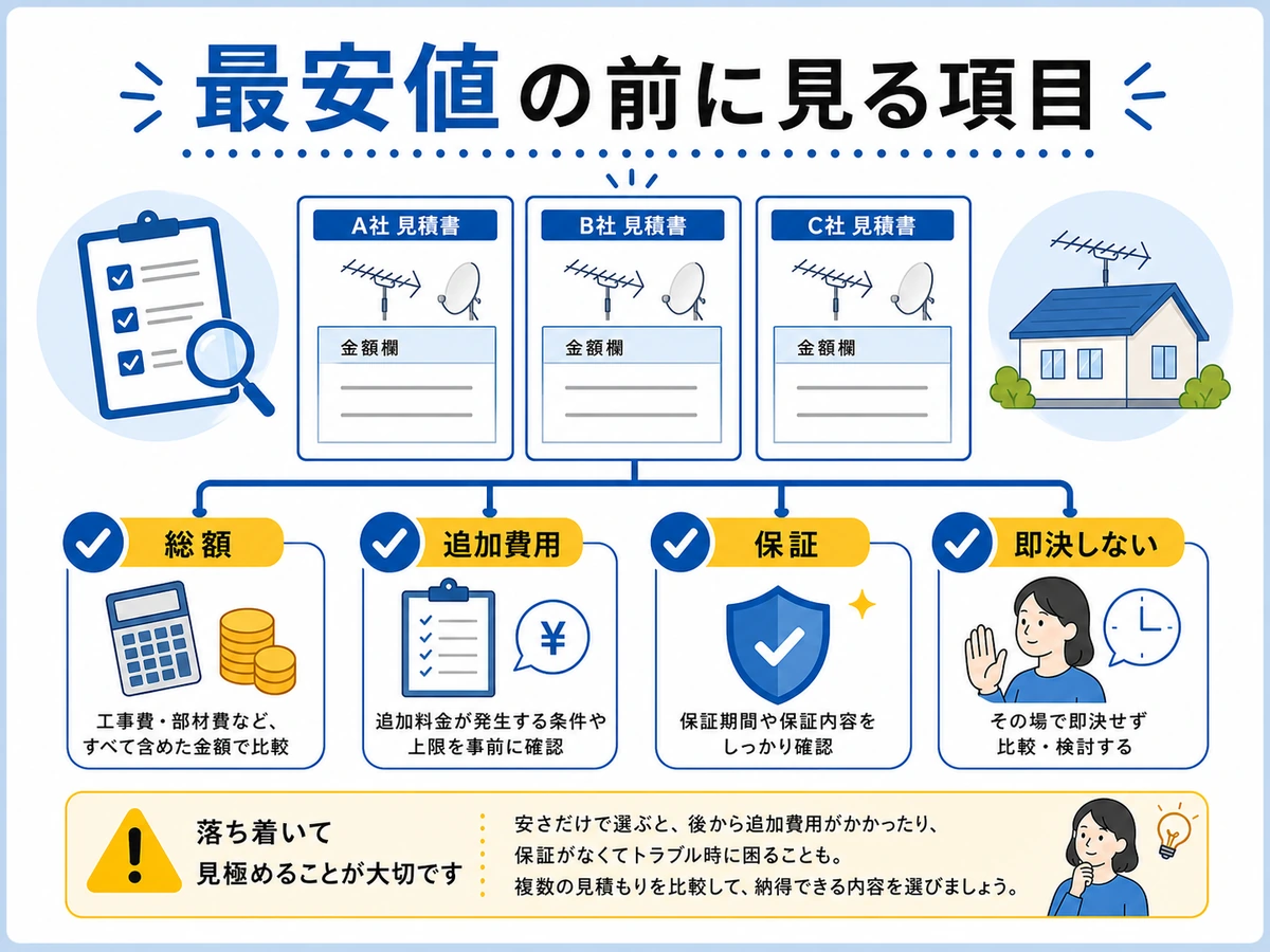 アンテナ工事の安さを選ぶ前に総額・追加費用・保証を確認する図