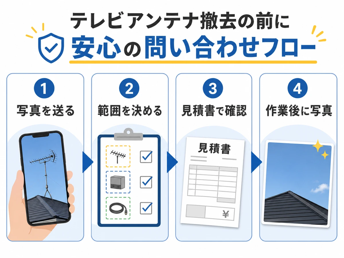 アンテナ撤去を依頼する前後の写真、範囲、見積書、作業後写真の確認手順