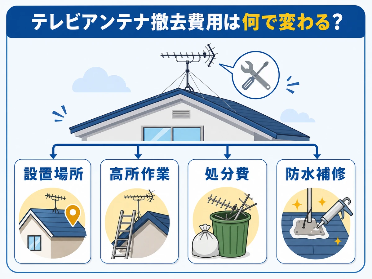 アンテナ撤去費用が変わる設置場所、高所作業、処分費、防水補修の要因