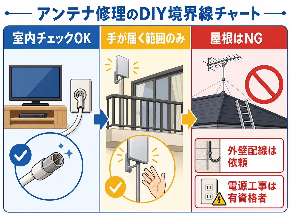 アンテナ修理DIYで室内確認、屋根NG、外壁配線依頼、電源工事は有資格者という境界を示す図