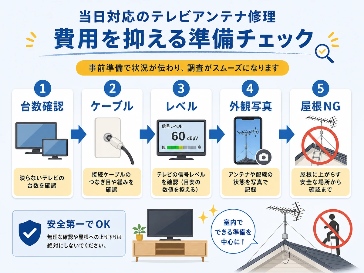 即日アンテナ修理を頼む前に確認する台数やケーブル、アンテナレベル、外観写真の流れ