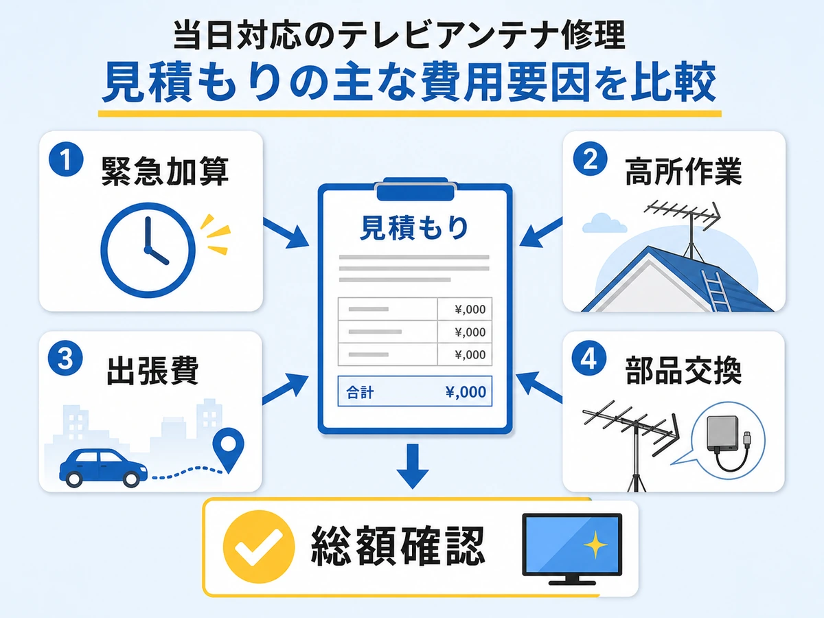 即日アンテナ修理の見積もりで確認する緊急加算や高所作業、出張費、部品交換、総額確認の図解