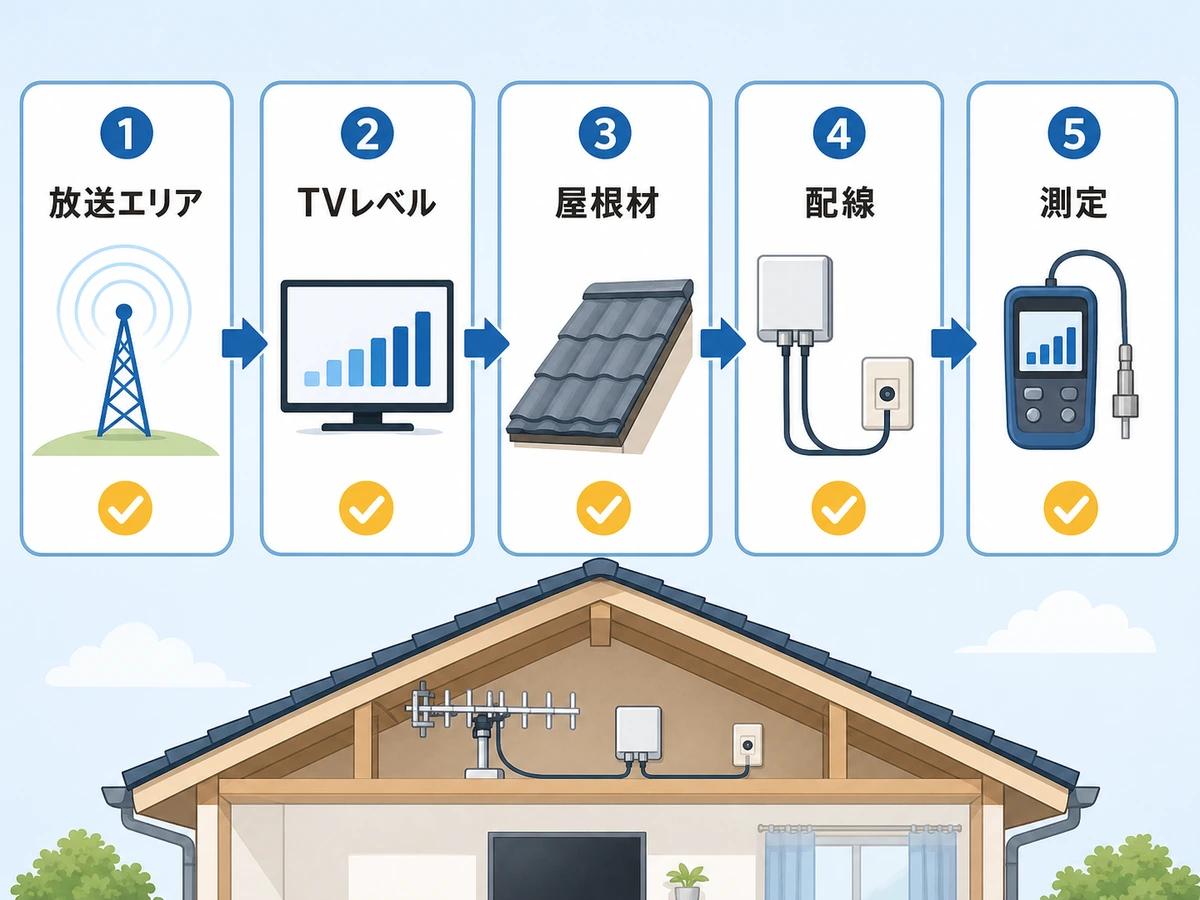 屋根裏アンテナへ移行する前に確認する放送エリア、TVレベル、屋根材、配線、測定の流れ