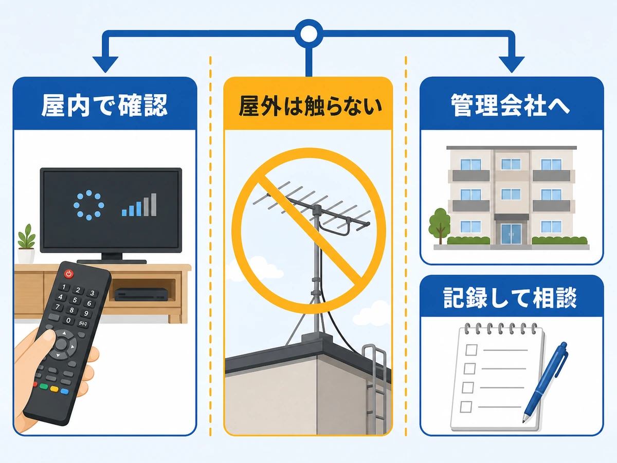 BS受信トラブルで屋内確認と屋外設備や管理会社への相談判断を分ける図解