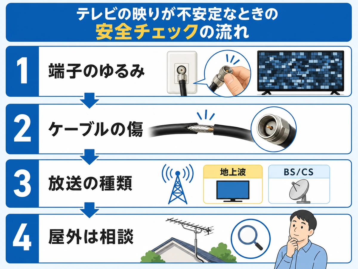 テレビの映りが不安定な時に端子から順に確認する流れの図