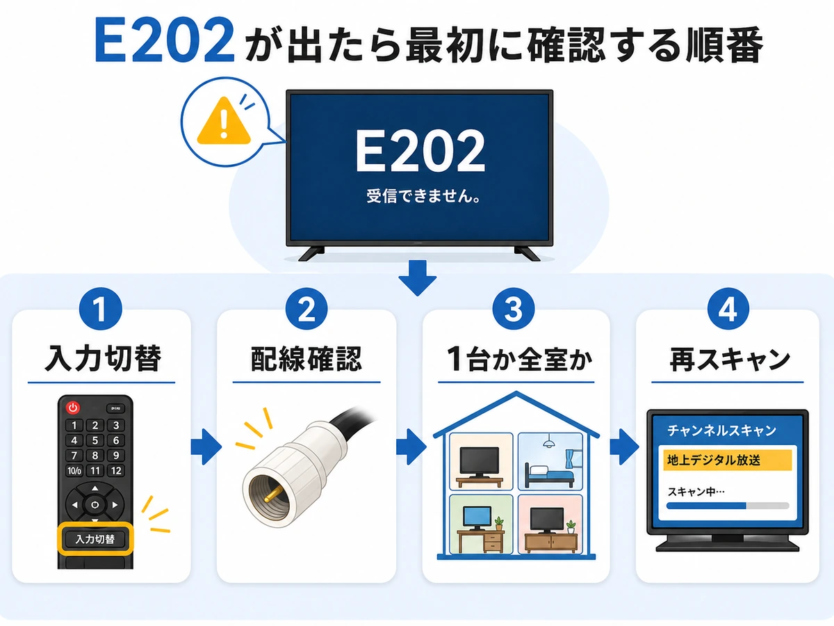 E202が出た時の入力切替、配線確認、症状範囲、再スキャンの確認順