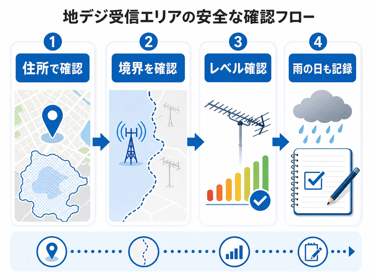 地デジ受信エリアを住所検索、境界確認、アンテナレベル確認、雨の日の記録で見る流れ