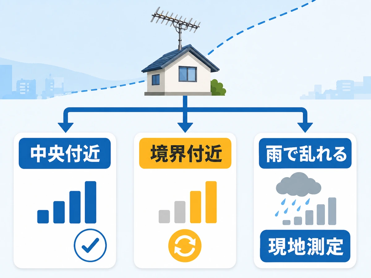 地デジ受信エリアの中央付近、境界付近、雨で乱れる場合の判断分岐