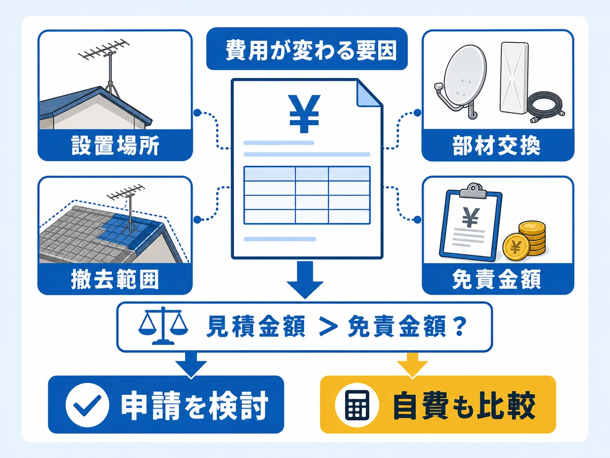 アンテナ修理費用と免責金額を比較する判断図