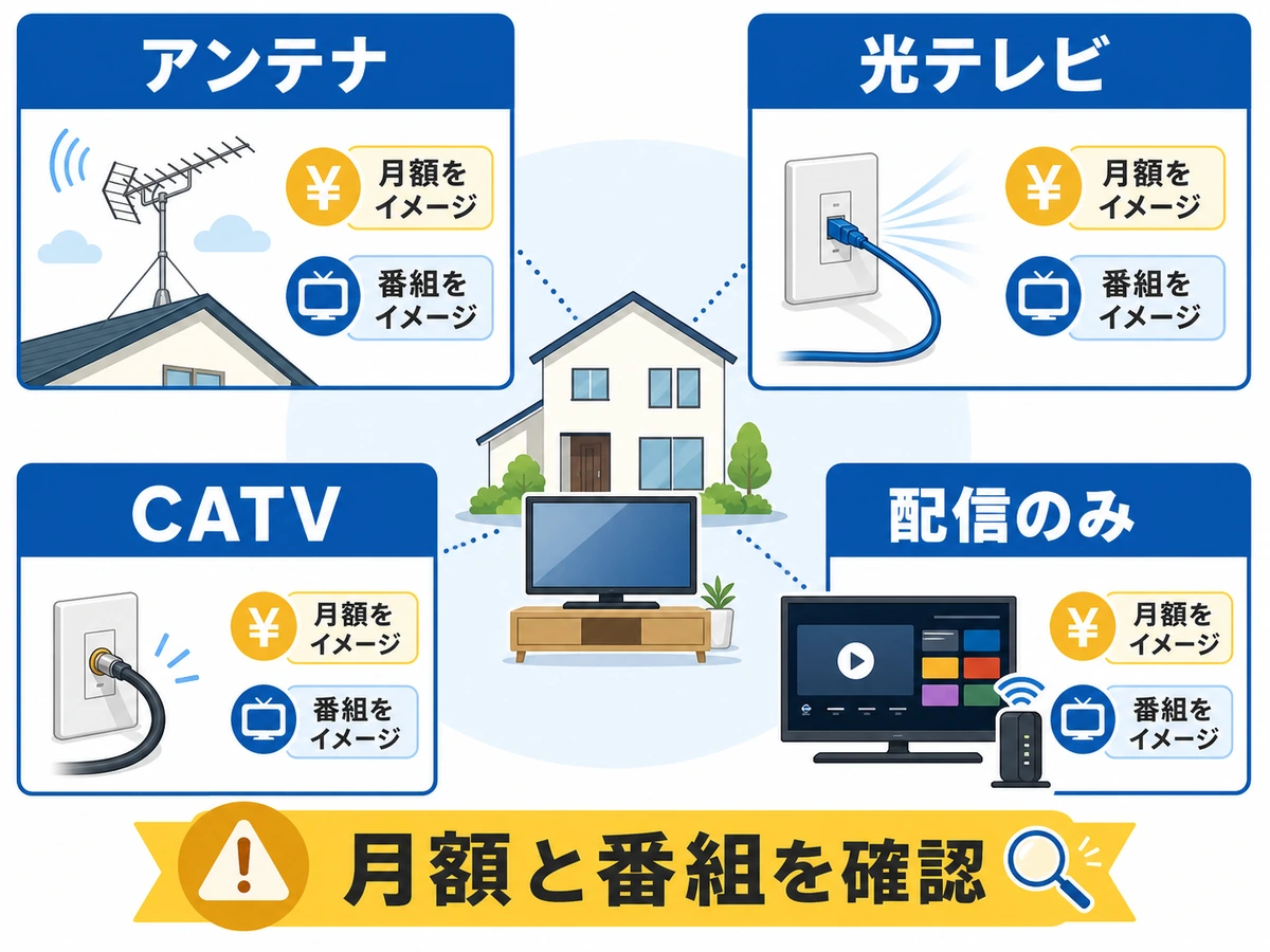 新築のテレビ視聴方法をアンテナ、光テレビ、CATV、配信のみで比較する図