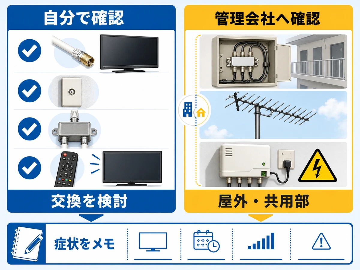 テレビが1台だけ映らない時の自分で確認する範囲と管理会社へ確認する範囲