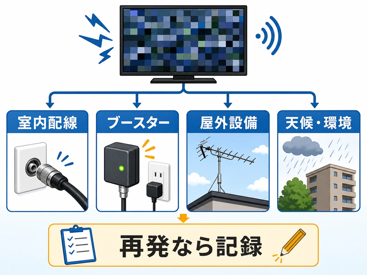 ブロックノイズの原因候補を室内配線、ブースター、屋外設備、天候や環境に分ける図解