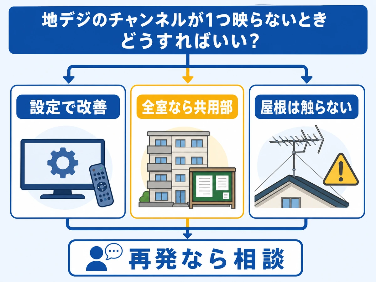設定で改善する範囲、共用部確認、屋根に触らない判断、再発時の相談目安