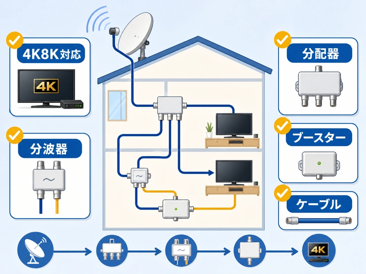 4K8K対応の配線機器と分配器、分波器、ブースター、ケーブルの位置関係