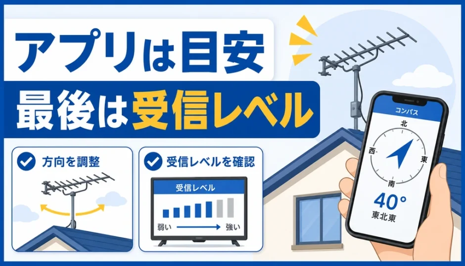 スマホアプリは方向の目安で、最後はテレビの受信レベルを確認することを示す図