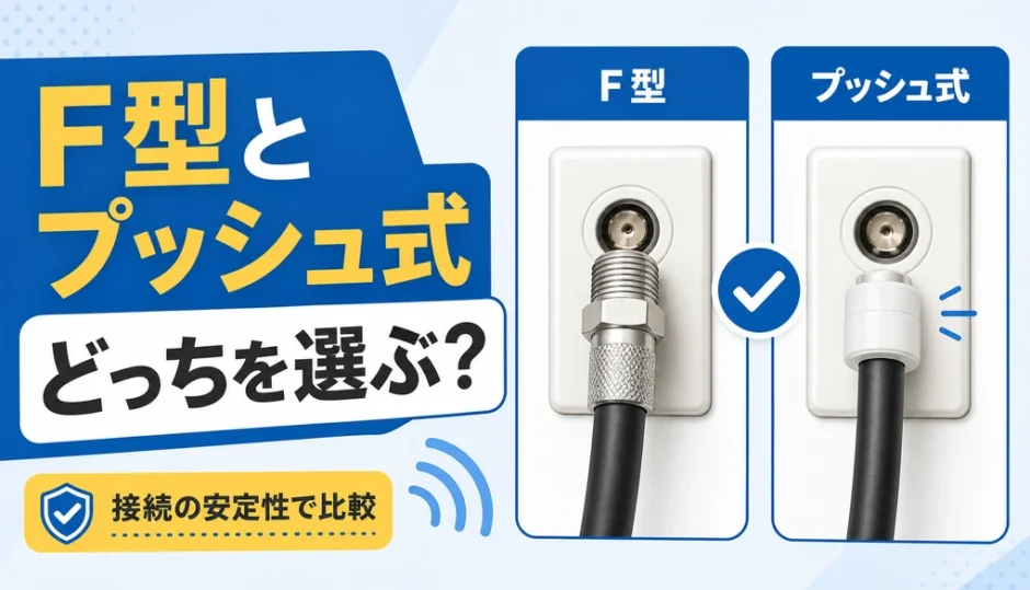 F型接栓とプッシュ式端子を接続の安定性で比較する図