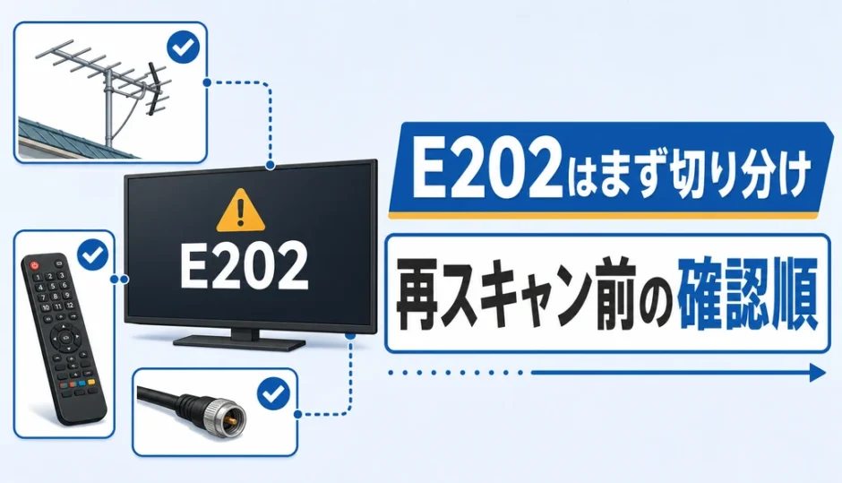 E202でテレビが映らない時に再スキャン前の確認順を示す図解