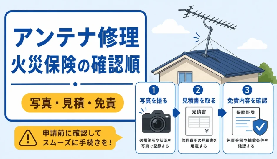 アンテナ修理で火災保険を確認する順番を示す図解