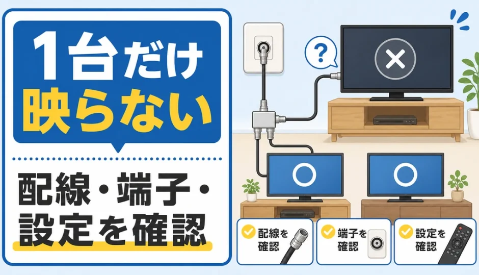 テレビが1台だけ映らない時の配線・端子・設定確認を示す図解サムネイル