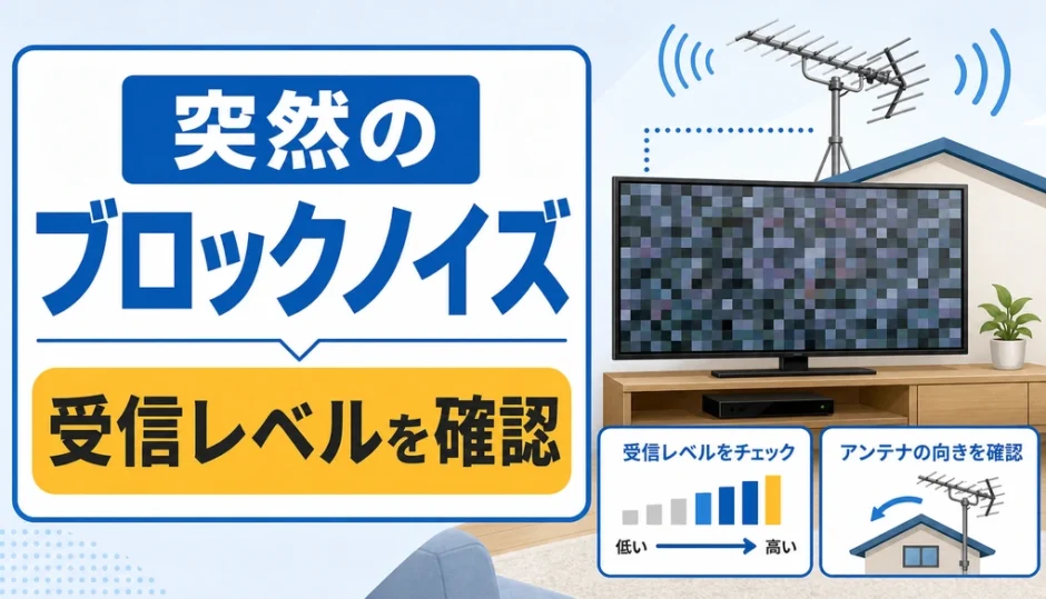 突然のテレビのブロックノイズと受信レベル確認を示す図解