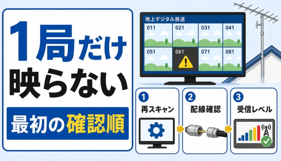 地デジで1局だけ映らない時の確認順を示す図解サムネイル
