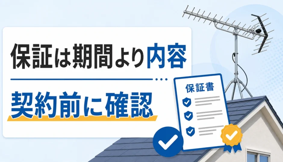 アンテナ工事の保証は期間より内容を確認することを示す図解
