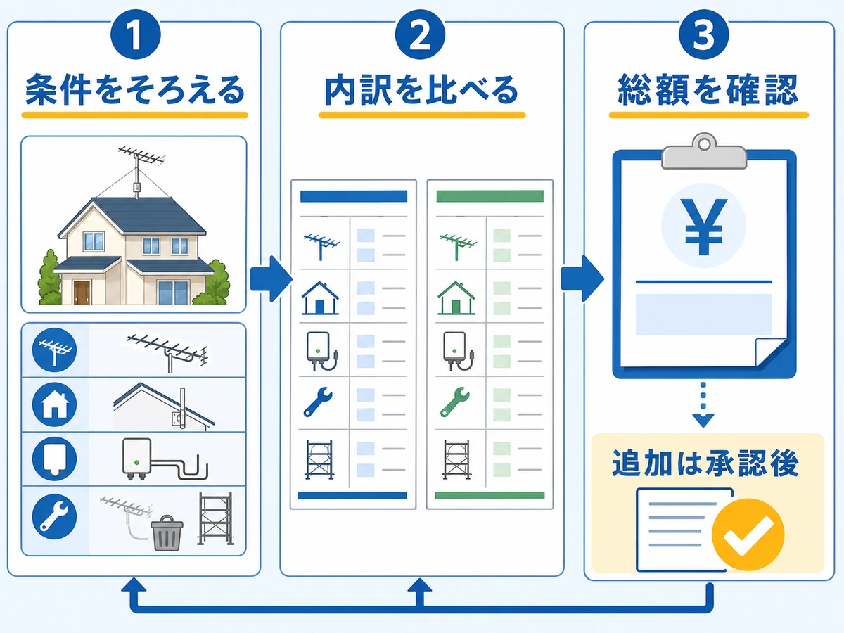 アンテナ工事の条件をそろえ、見積内訳と総額を比較し、追加作業を承認する流れ