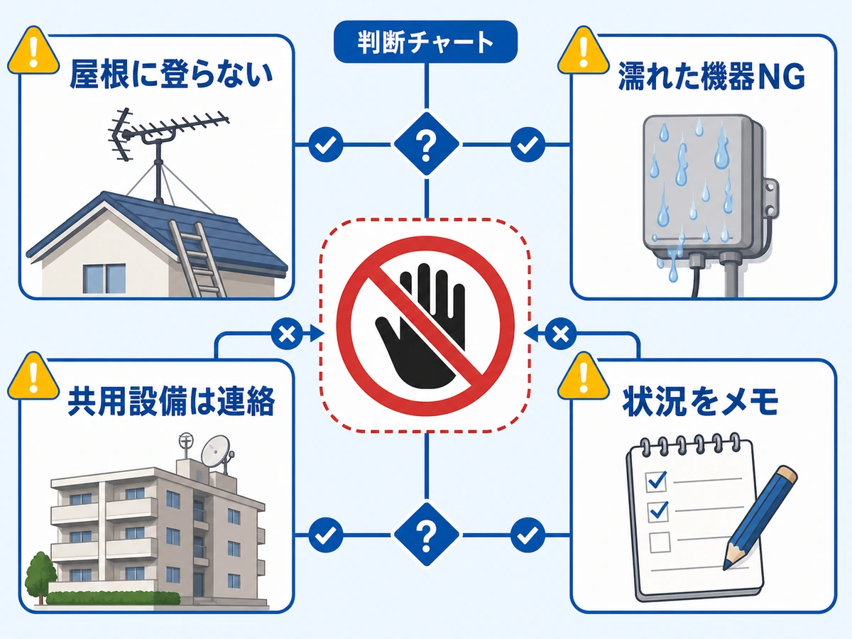 屋根や濡れた屋外機器を触らず状況をメモする判断図