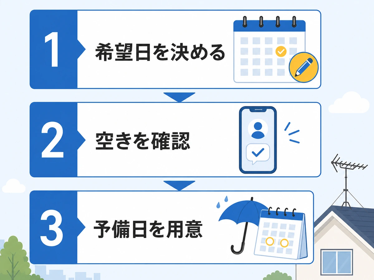 希望日を決め、空きを確認し、予備日を用意するアンテナ工事予約の3段階