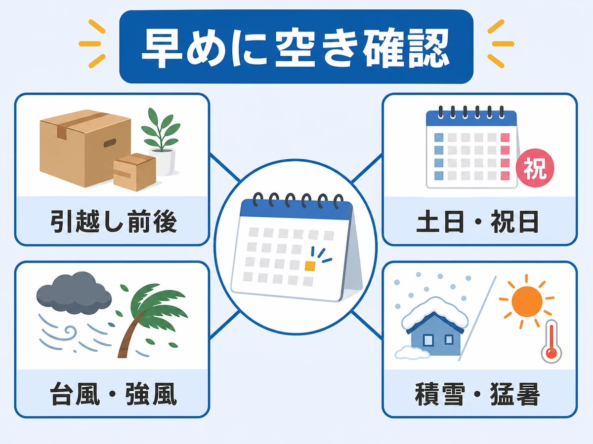 引越し前後、土日祝、台風や強風、積雪や猛暑ではアンテナ工事の空きを早めに確認する判断図
