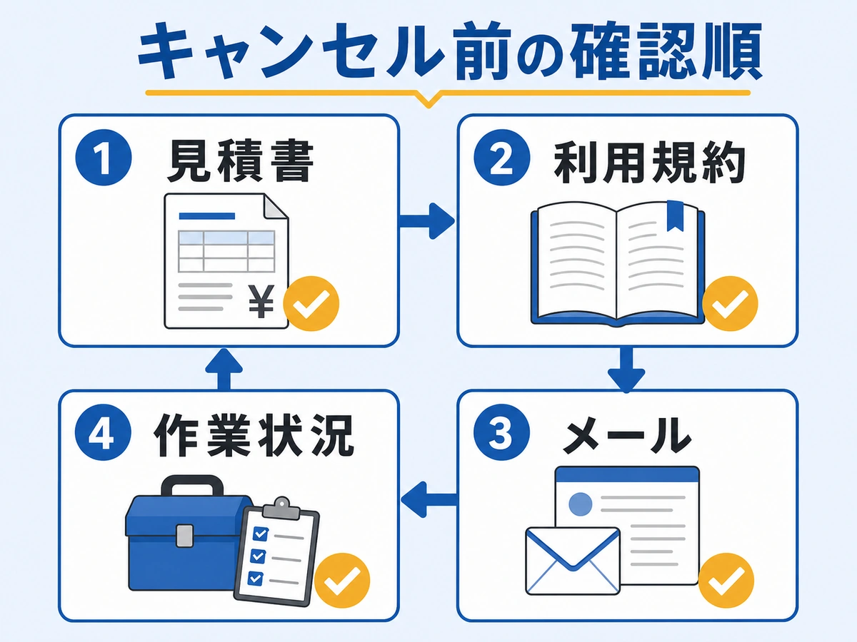 キャンセル前に見積書、利用規約、メール、作業状況を順に確認する図