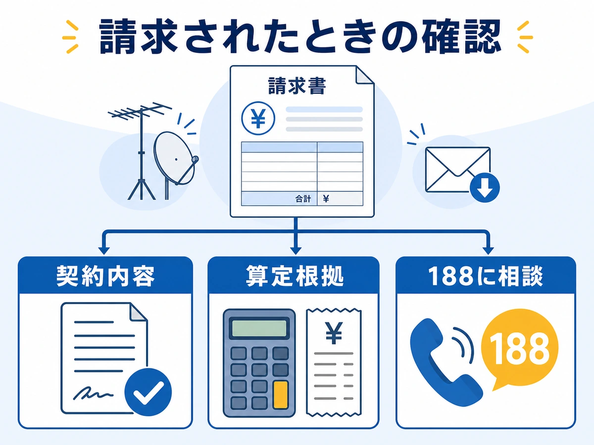 キャンセル料を請求されたときに契約内容、算定根拠を確認し188へ相談する流れ