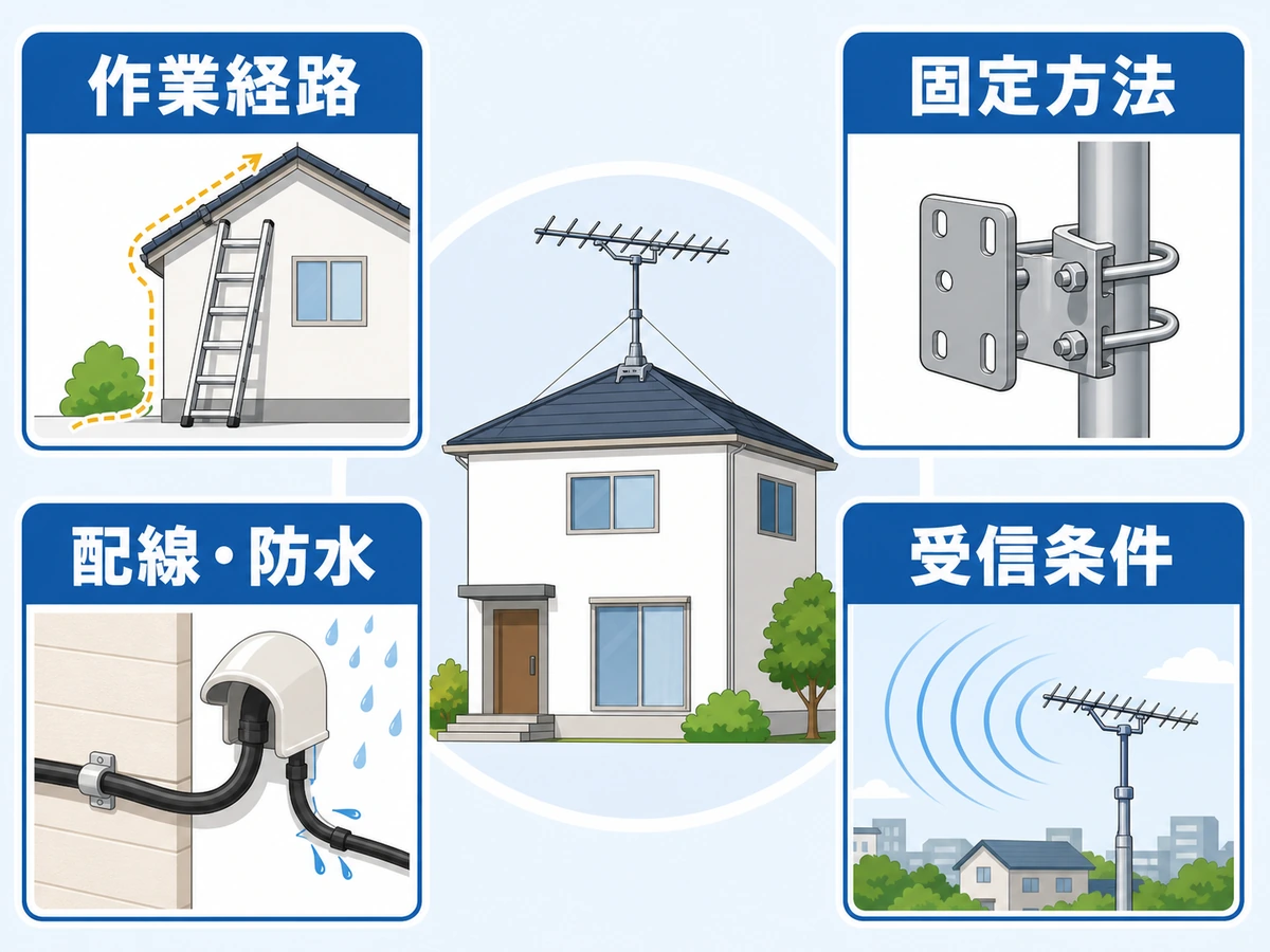 アンテナ工事費用を変える作業経路・固定方法・配線防水・受信条件