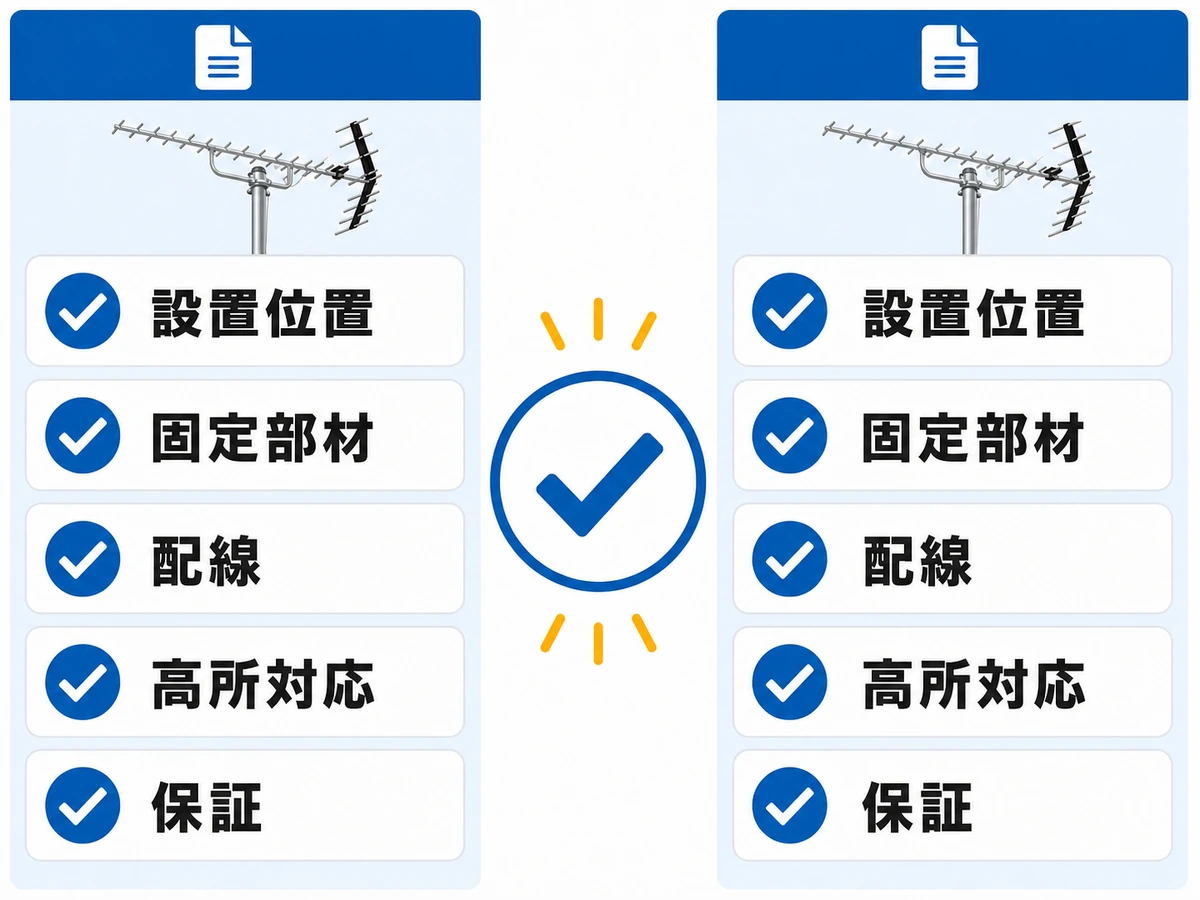 アンテナ工事の見積書で比べる設置位置・固定部材・配線・高所対応・保証