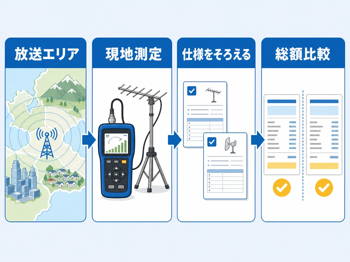 放送エリア確認から現地測定・仕様統一・総額比較へ進むアンテナ工事見積もりの流れ