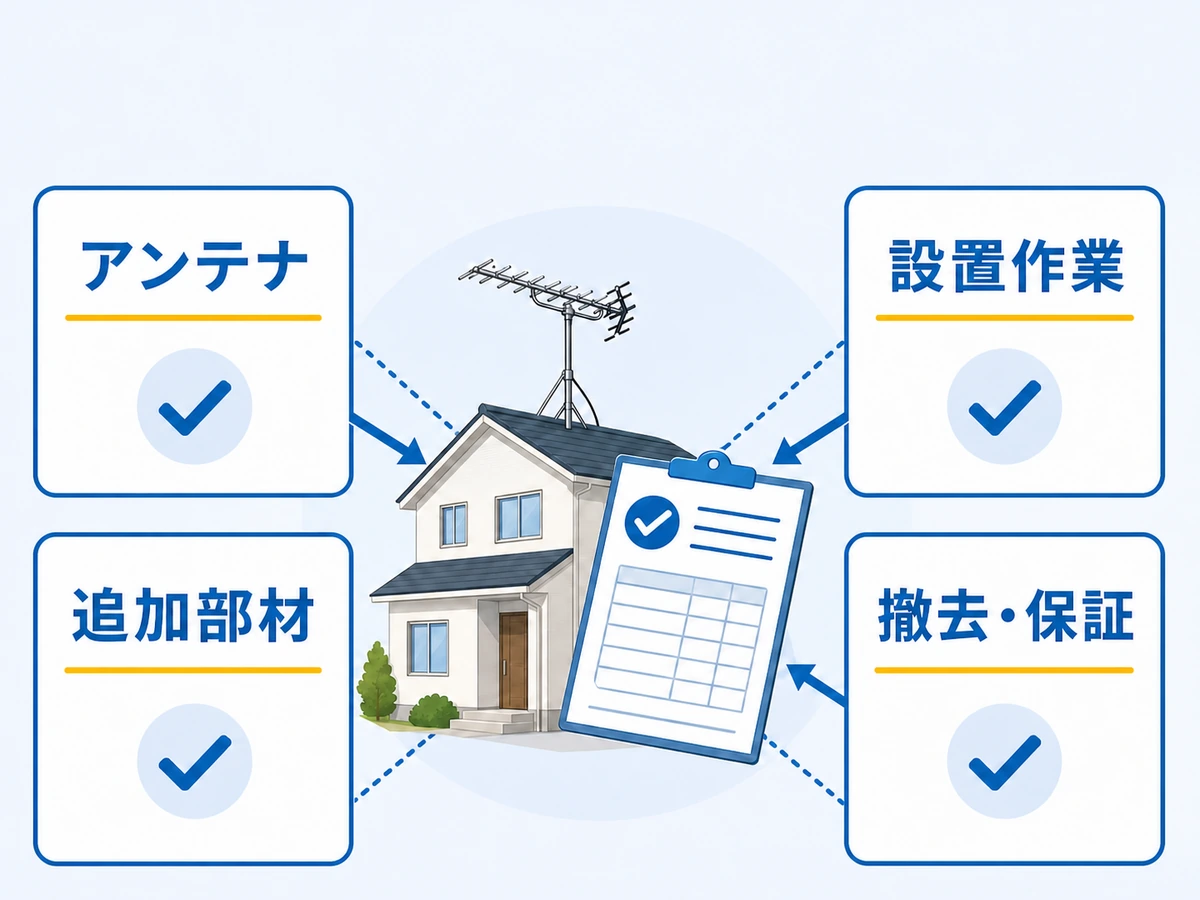 アンテナ工事見積もりのアンテナ・設置作業・追加部材・撤去と保証をそろえる図