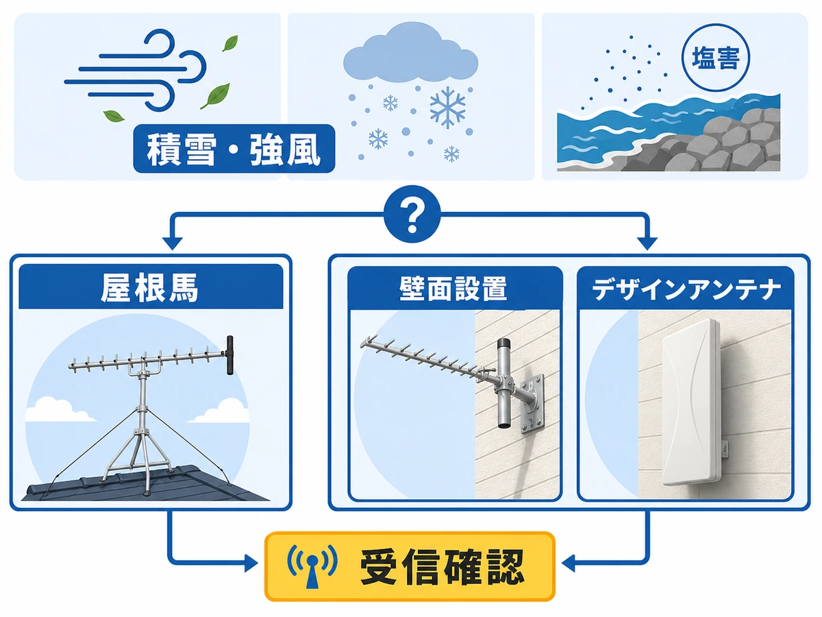 強風や積雪時のアンテナ設置方式を比較する判断図
