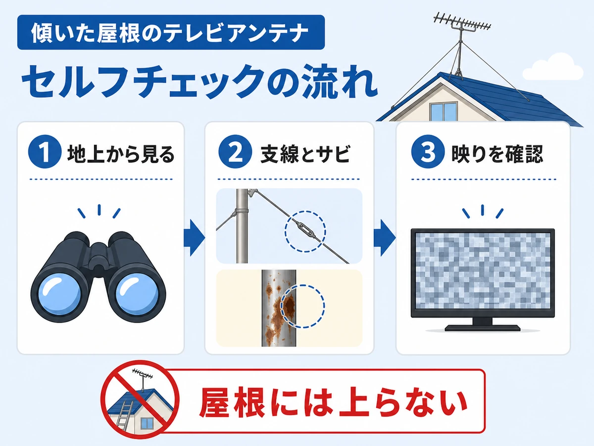 傾いた屋根アンテナを地上から確認する流れ
