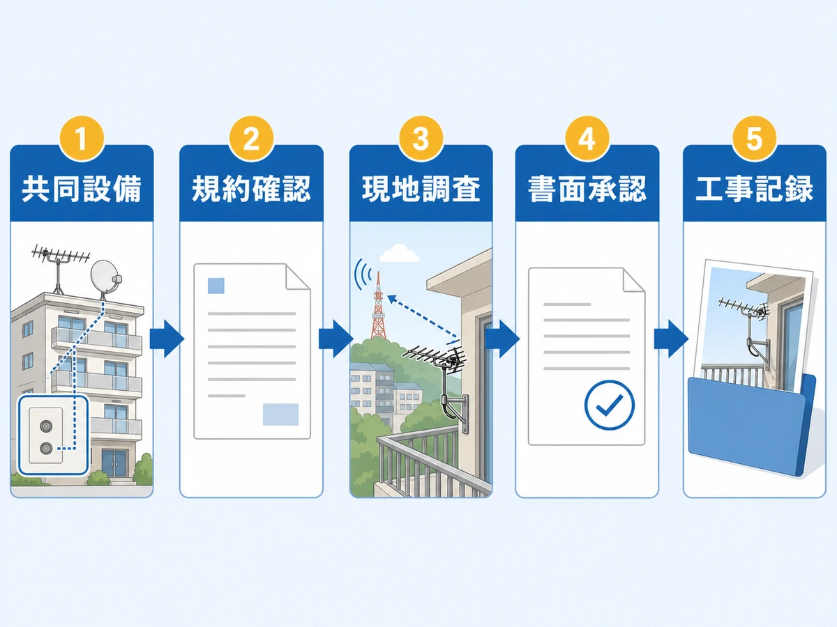 マンションで個人アンテナ工事を依頼する前の共同設備確認から工事記録までの5ステップ