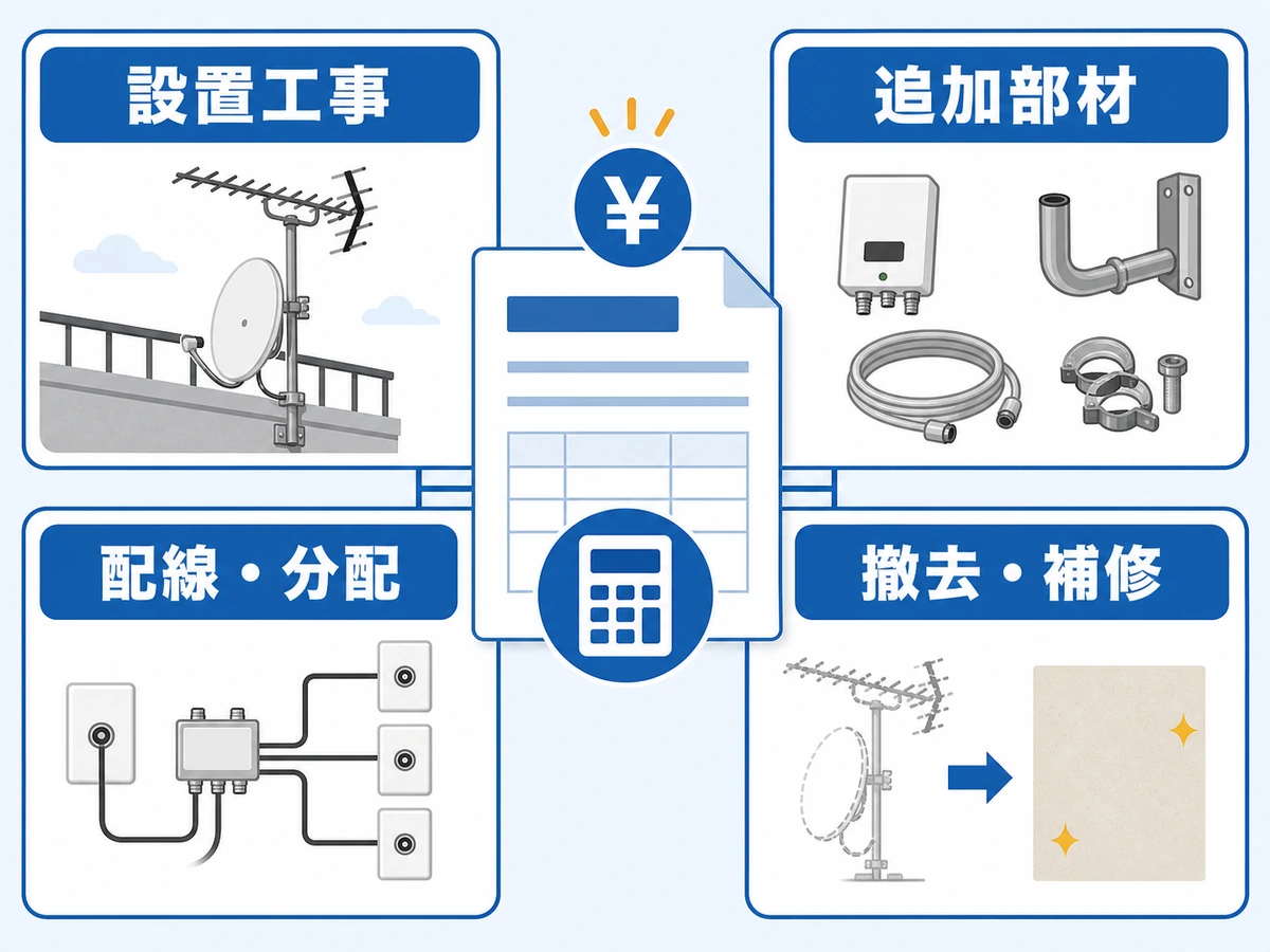 マンションの個人アンテナ工事費用を設置工事・追加部材・配線分配・撤去補修に分けた図