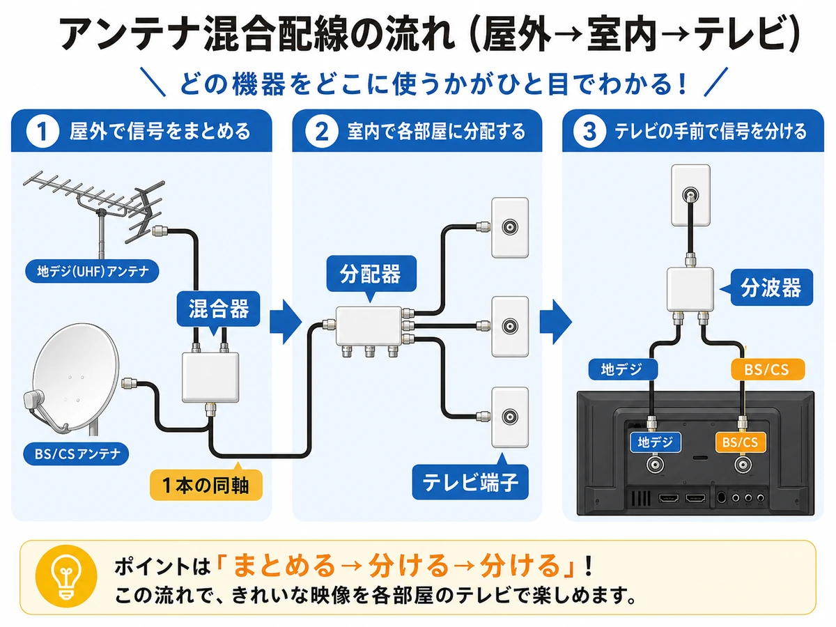 地デジとBS/CSの混合配線で混合器・分配器・分波器を使う流れ